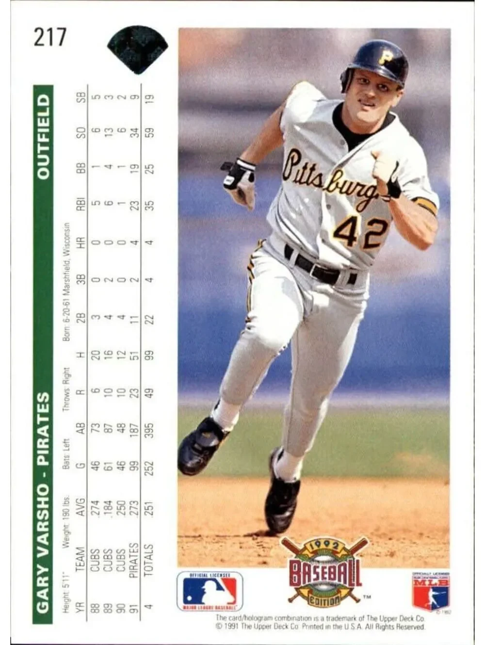 Gary Varsho 1992 Upper Deck MLB #217 Baseball Card Pittsburgh Pirates